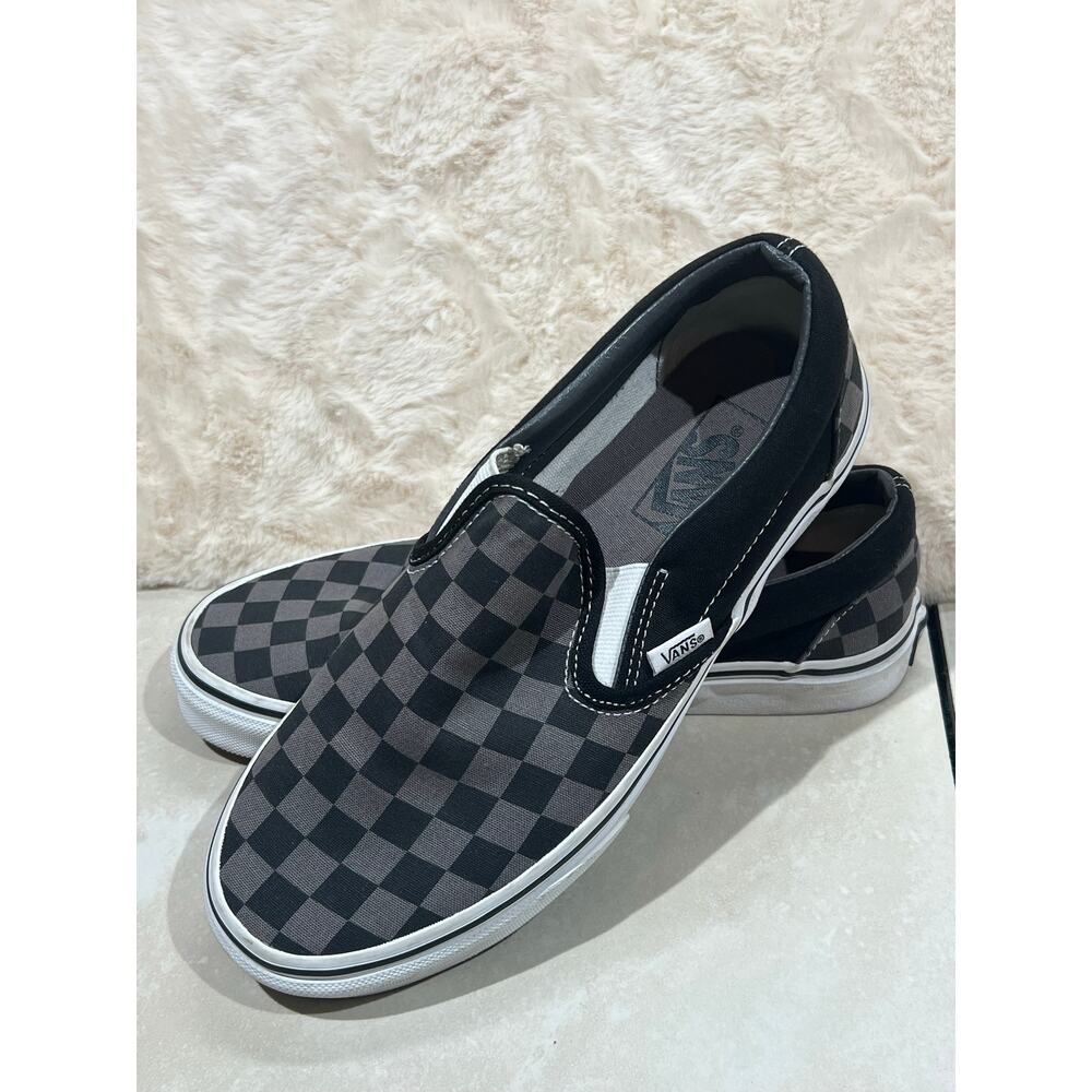 Vans Classic Slip On Shoes Gray Black Checkerboard Canvas Mens 6 Womens 7.5 EUC